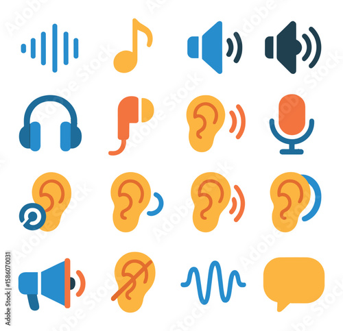 ear-related sounds and hearing modern flat style. sound waves, music notes, volume control, speaker, headphones, earphone jack, sound vibration, microphone, hearing test
