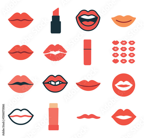 mouth in art and design modern flat style. stylized lips, lipstick, cartoon mouth, smile icon, open mouth silhouette, kissing lips, lip print, lip gloss, mouth pattern