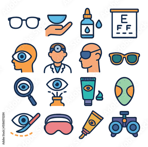 eye care and health modern flat style. eyeglasses, contact lens, eye drops, eye test chart, eye examination, eye doctor, eye patch, sunglasses, magnifying glass, eye wash