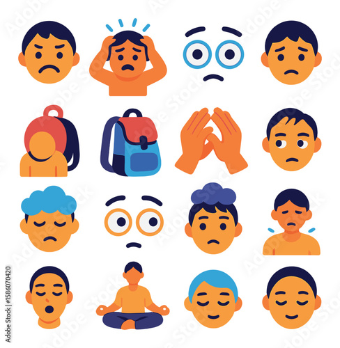 unpaid emotions and mental load modern flat style. stressed face, overwhelmed person, anxious eyes, worried expression, burden symbol, heavy backpack, tired face