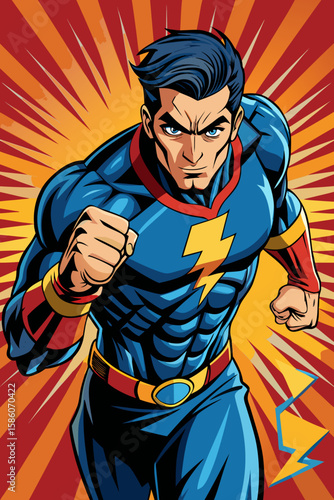 Pop art comic book style super hero punching with male superhero costume poster design	