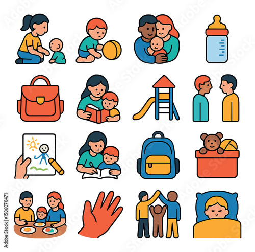 unpaid child and family care modern flat style. babysitting, child playing, family hug, feeding bottle, diaper bag, storytime, playground, family meeting, child’s drawing