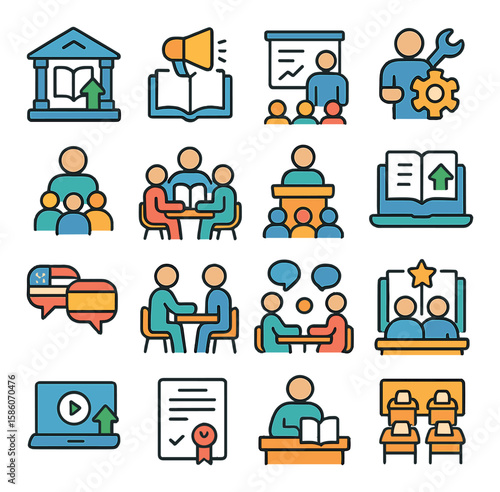 costless education and learning modern flat style. free library access, open course, free seminar, free workshop, community tutoring, free study group, open lectures