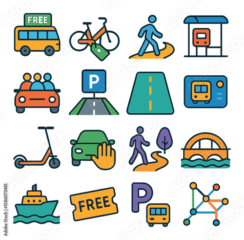 costless transportation and access modern flat style. free shuttle, bike share, pedestrian path, open bus stop, community carpool, free parking, open road, public