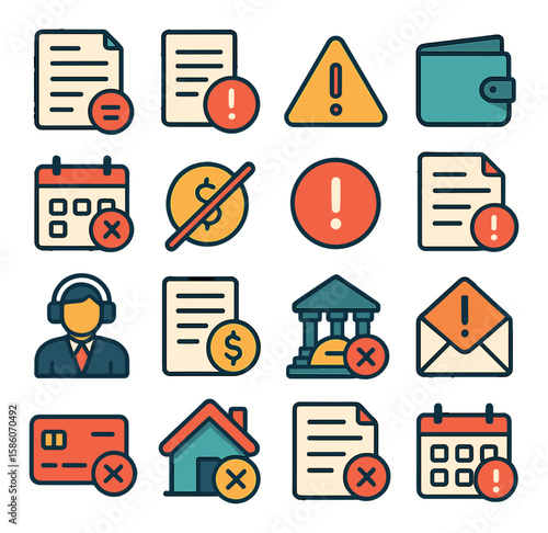 unpaid bills and debts modern flat style. unpaid invoice, overdue notice, warning sign, empty wallet, calendar with past due date, crossed-out payment, red alert, unpaid