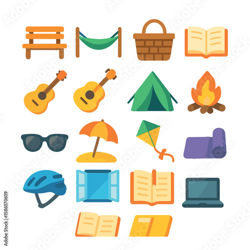 freedom lifestyle and leisure modern flat style. open park bench, hammock, picnic basket, open book, guitar, beach umbrella, open tent, campfire, sunglasses, open window