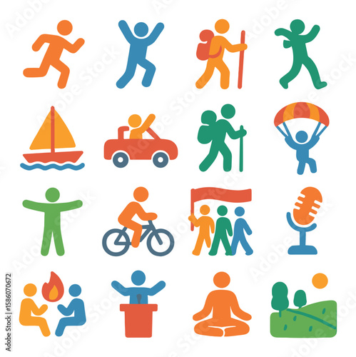freedom activities and expressions modern flat style. running person, jumping figure, hiking trail, dancing silhouette, sailing boat, open car window, backpacker