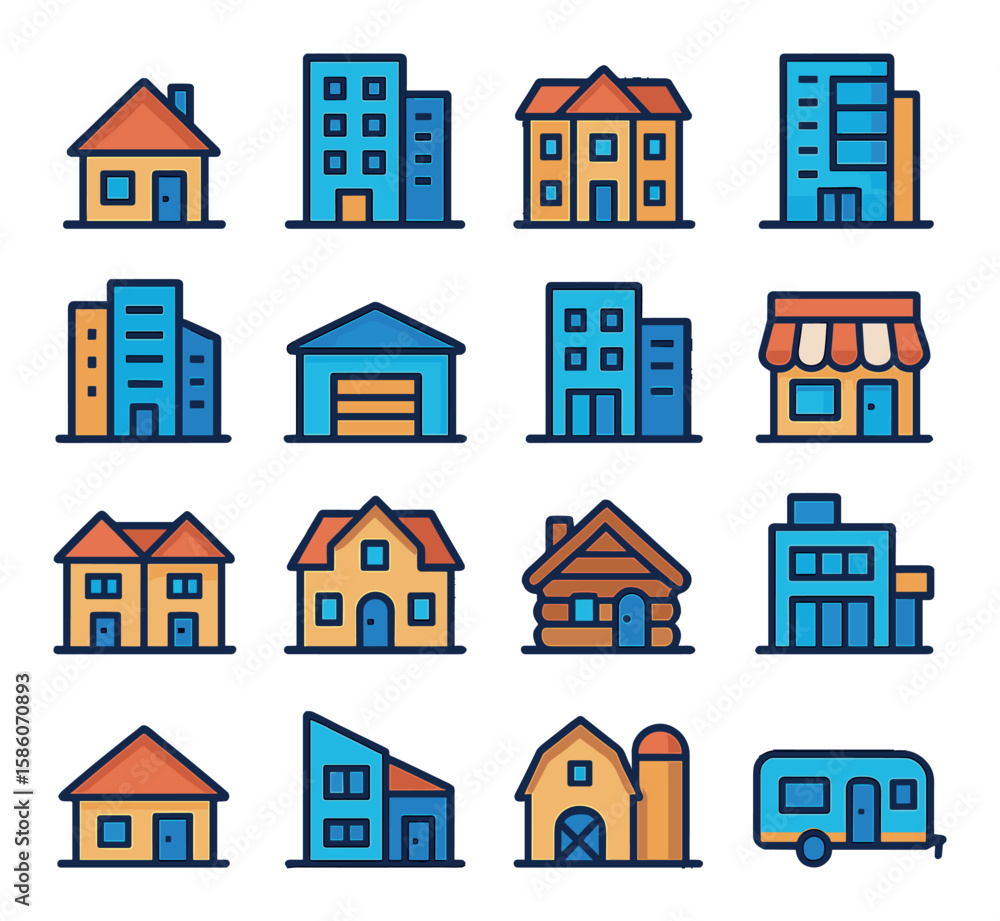 Fototapeta premium realty property types modern flat style. detached house, apartment building, townhouse, condominium, commercial building, warehouse, office space, retail store, duplex
