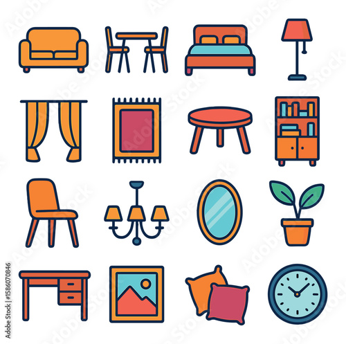 property interior and furnishing modern flat style. sofa, dining table, bed, lamp, curtains, rug, coffee table, bookshelf, chair, chandelier, mirror, plant, desk, wall