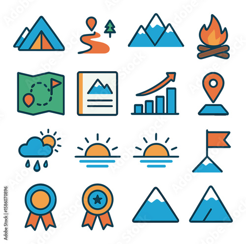 alpinist journey and milestones modern flat style. base camp, trailhead, mountain summit, campfire, route map, climbing journal, progress chart, altitude marker, weather