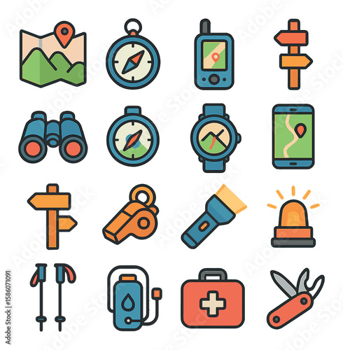 hiking navigation and tools modern flat style. map, compass, GPS device, trail marker, binoculars, altimeter, watch, smartphone with map app, trail signpost, whistle
