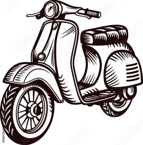 Hand drawn vintage scooter side view retro moped illustration in engraved sketch isolated on white background