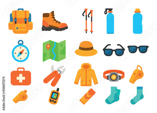 hiking equipment and gear modern flat style. backpack, hiking boots, trekking poles, water bottle, compass, map, hat, sunglasses, first aid kit, multi-tool, rain jacket