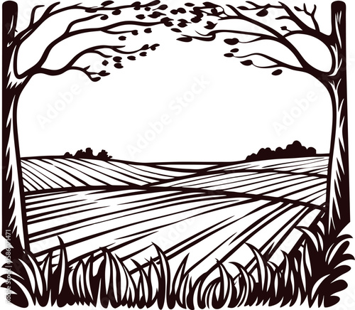 Hand drawn rural landscape with open cultivated fields and decorative trees framing the foreground