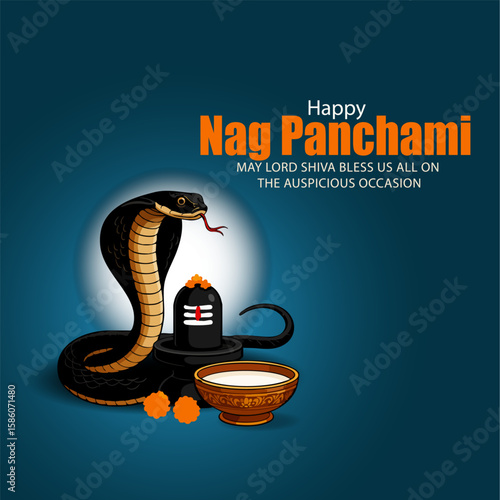 Fotografi Happy Nag Panchami Festival - Sacred Cobra Snake with Oil Lamp and Worship Eleme