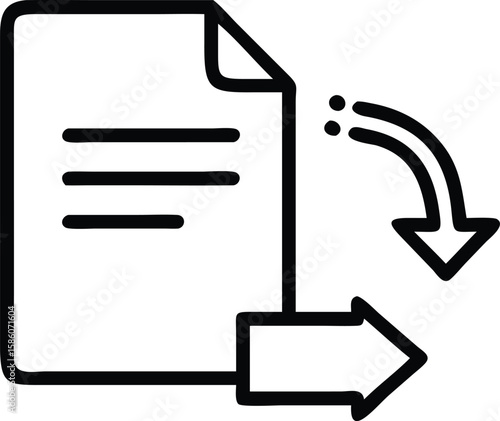 Simple of document migration with curved arrow pointing downward and outgoing arrow