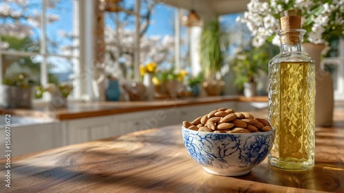 Wallpaper Mural A sunlit kitchen showcases premium cooking ingredients with almond oil and a bowl of almonds on a polished wooden counter. Torontodigital.ca