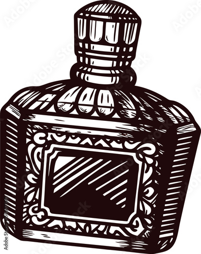 Ornate vintage perfume bottle with decorative glass details and empty label, hand drawn in black and white sketch