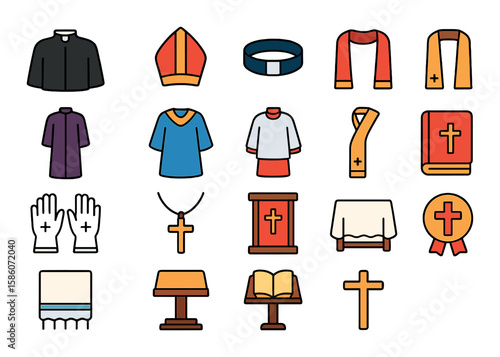 Christian clergy and attire modern flat style. priest robe, bishop mitre, clerical collar, stole, cassock, choir robe, altar server robe, deacon stole, liturgical gloves