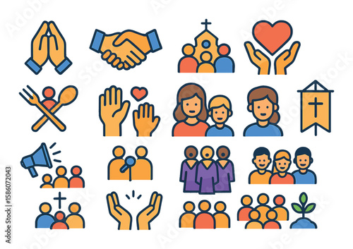 Christian community and fellowship modern flat style. praying hands, handshake, church group, charity heart, fellowship meal, volunteer hands, Sunday school, church