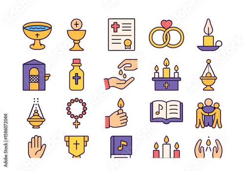 Christian sacraments and rituals modern flat style. baptismal font, communion cup, confirmation certificate, wedding rings, confession booth, holy oil vial, anointing