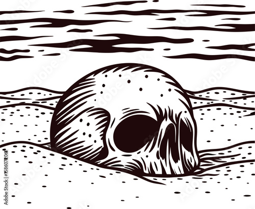 Engraved illustration of human skull half buried in sandy desert landscape with dramatic clouds in the background