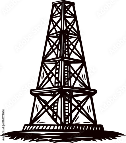 Vintage engraved oil rig derrick illustration in retro hand drawn