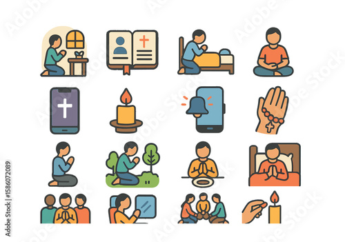 prayer in daily life modern flat style. person praying at home, prayer journal, bedside prayer, morning meditation, prayer app, candle on table, prayer reminder, prayer