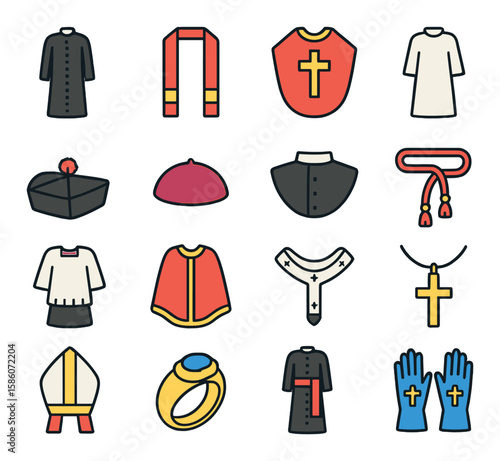priest attire and vestments modern flat style. cassock, stole, chasuble, alb, biretta, zucchetto, clerical collar, cincture, surplice, cope, pallium, pectoral cross