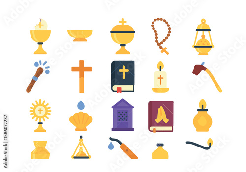 priest religious symbols and tools modern flat style. chalice, paten, ciborium, rosary, holy water sprinkler, crucifix, Bible, incense burner, altar candle, baptismal
