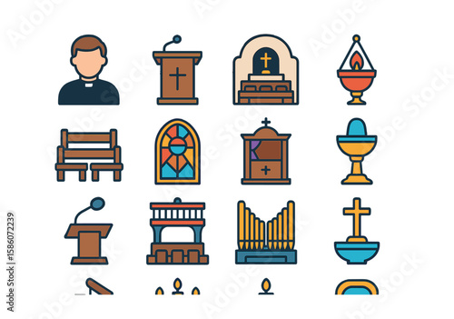 priest church and environment modern flat style. altar, pulpit, church nave, sanctuary lamp, pews, stained glass window, confessional booth, baptismal font, pulpit