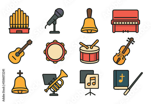 church musical instruments modern flat style. pipe organ, choir microphone, handbell, piano, guitar, tambourine, drum, violin, flute, trumpet, music stand, sheet music
