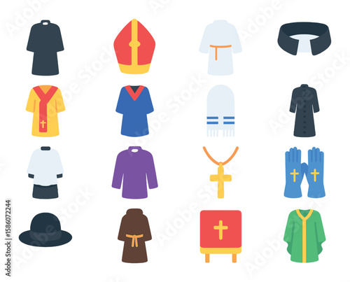 church attire and vestments modern flat style. priest robe, bishop mitre, altar server robe, clergy collar, deacon stole, choir robe, prayer shawl, cassock, surplice