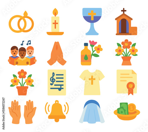 church ceremonies and sacraments modern flat style. wedding rings, baptismal candle, communion cup, confession booth, choir singing, prayer hands, holy oil, wedding