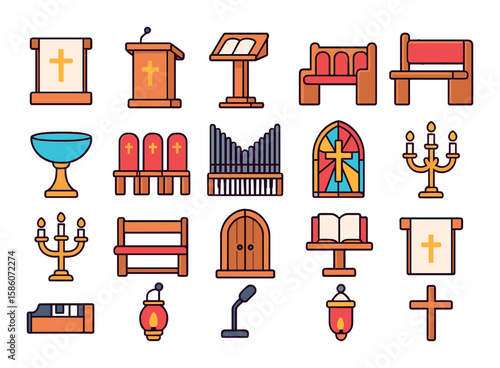 church furniture and interior modern flat style. altar table, pulpit, lectern, pew bench, baptismal font, choir seats, organ keyboard, stained glass, candelabra, kneeling