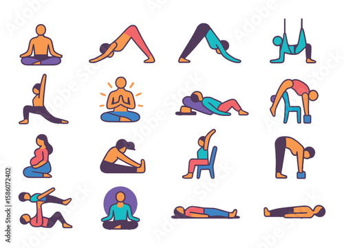 yoga styles and practices modern flat style. hatha yoga, vinyasa flow, ashtanga, yin yoga, power yoga, kundalini, restorative yoga, aerial yoga, prenatal yoga, hot yoga