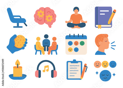 mental health treatments modern flat style. therapist chair, brain with gears, meditation pose, journal, stress ball, support group, mood tracker, breathing exercise