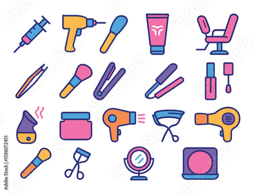 cosmetic treatments modern flat style. botox syringe, laser treatment device, wrinkle cream, beauty salon chair, eyebrow tweezers, makeup brush, hair straightener, nail