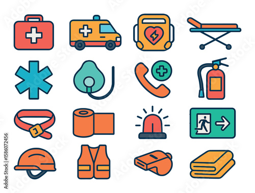 emergency treatments modern flat style. first aid kit, ambulance, defibrillator, stretcher, emergency cross, oxygen mask, emergency phone, fire extinguisher, tourniquet