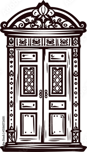 Ornate vintage wooden door with detailed carved arch isolated on white background illustration