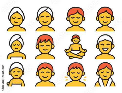 sauna emotions and experience modern flat style. relaxed face, smiling person, calm eyes closed, peaceful expression, refreshed look, meditative pose, joyful smile