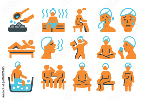 sauna rituals and activities modern flat style. pouring water on stones, steaming sauna, person sitting in sauna, sweating face, relaxation pose, breathing steam, cooling