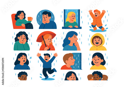 rainy season emotions and moods modern flat style. cozy indoor, rainy day blues, calm watching rain, joyful puddle jump, tired from rain, relaxed under umbrella