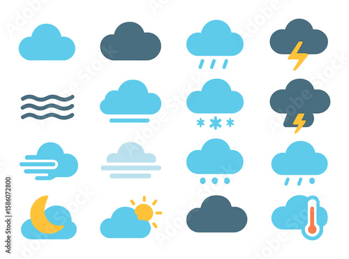 cloudy weather symbols modern flat style. cloud, dark cloud, cloud with rain, cloud with lightning, fog, overcast sky, cloud with snowflakes, thunderstorm cloud, cloud