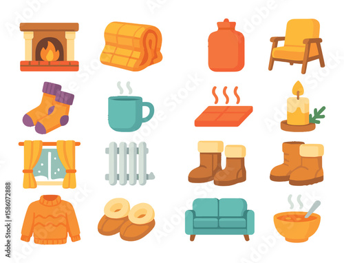 winter home and comfort modern flat style. fireplace, warm blanket, hot water bottle, cozy chair, wool socks, steaming mug, heated floor, winter candle, thick curtains