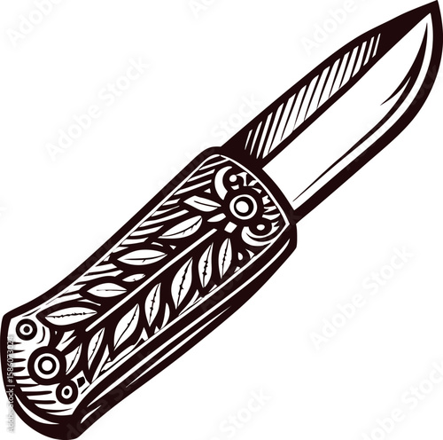 Hand drawn vintage folding pocket knife with engraved ornate floral handle illustration