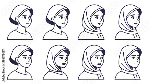 Diverse female portraits in flat line style diverse women icons