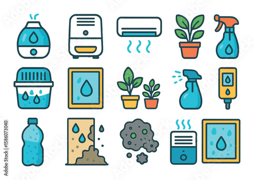 humidity in home and appliances modern flat style. humidifier, dehumidifier, air conditioner, ventilation fan, moisture absorber, water droplet on window, indoor plants