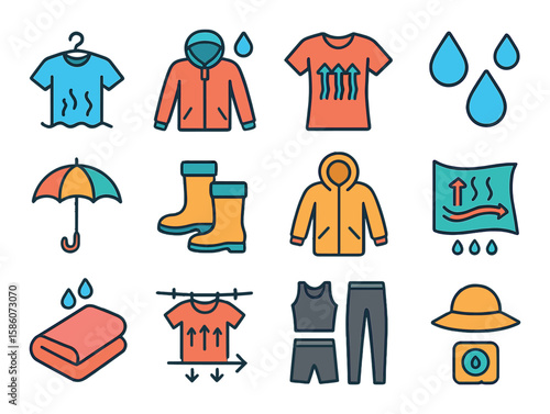 humidity in clothing and comfort modern flat style. damp clothes, waterproof jacket, moisture wicking shirt, sweat droplets, umbrella, rain boots, insulated coat