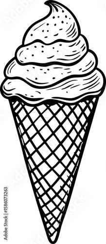 Hand drawn sketch of ice cream cone with waffle texture and swirled soft serve on white background